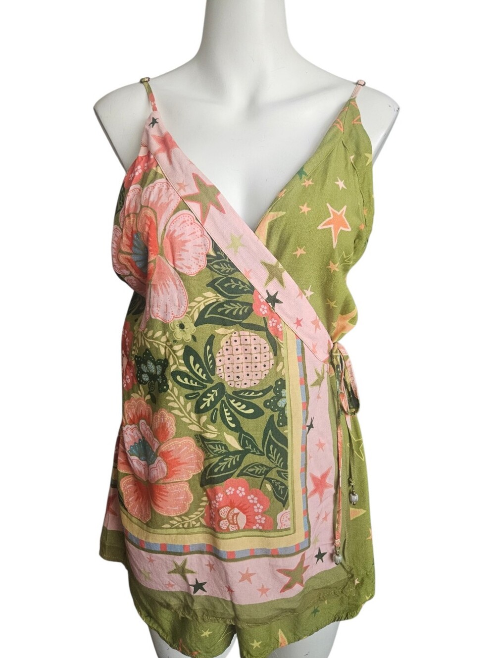 FARM Rio Tropical Floral Wrap Romper Green Pink Pineapple Garden Print Sz Small - Picture 2 of 15